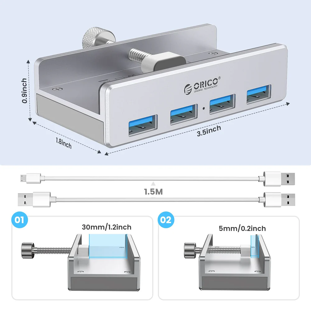 HUB USB 3.0 ORICO DE 4 PUERTOS CON ABRAZADERA
